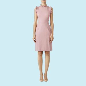 Rebecca Taylor Spring Ruffle Dress Size 12 Dusty Rose Pink Wool Midi Sleeveless